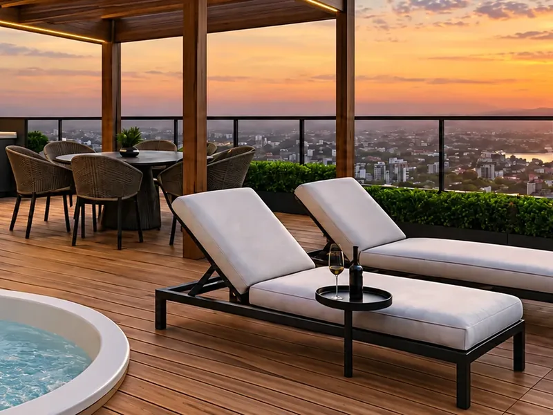 Rooftop do Ápice Residence ao pôr do sol, com spa e espreguiçadeiras de frente para a cidade