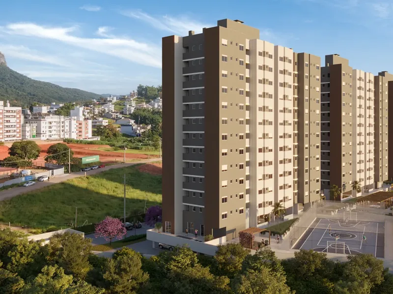 As três torres do Grand Life Residence com a quadra e o morro ao fundo