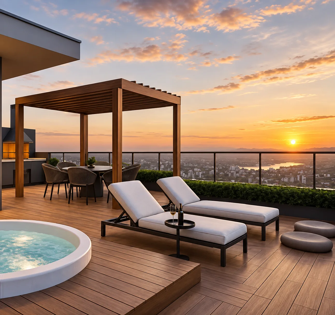 Rooftop do Ápice Residence ao pôr do sol, com deck de madeira, espreguiçadeiras, pergolado e vista para a cidade