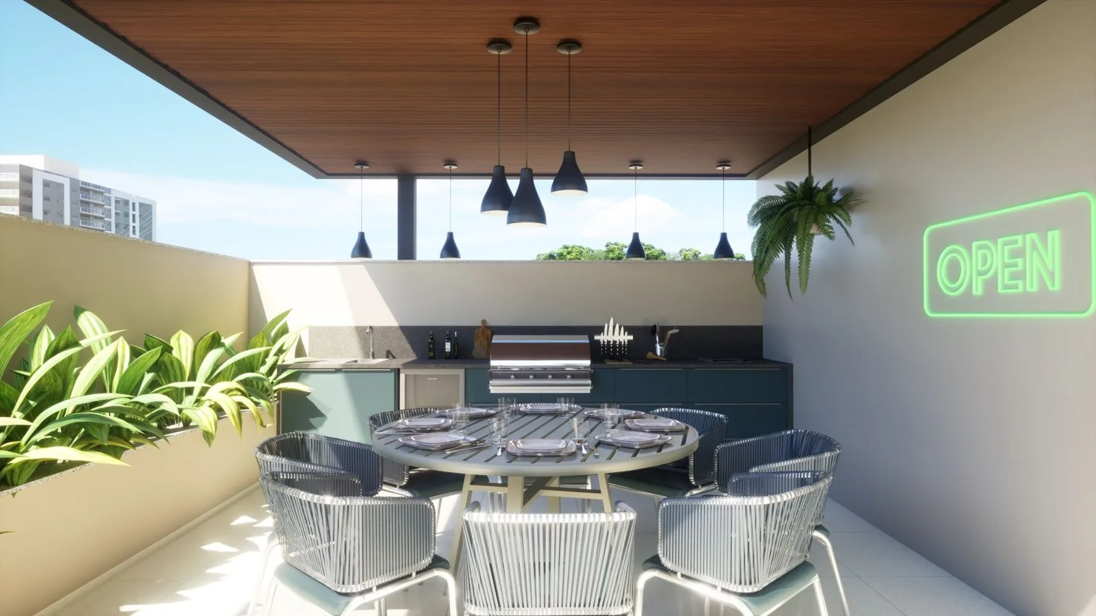 American Grill do Enjoy, com mesa redonda, churrasqueira e jardim vertical