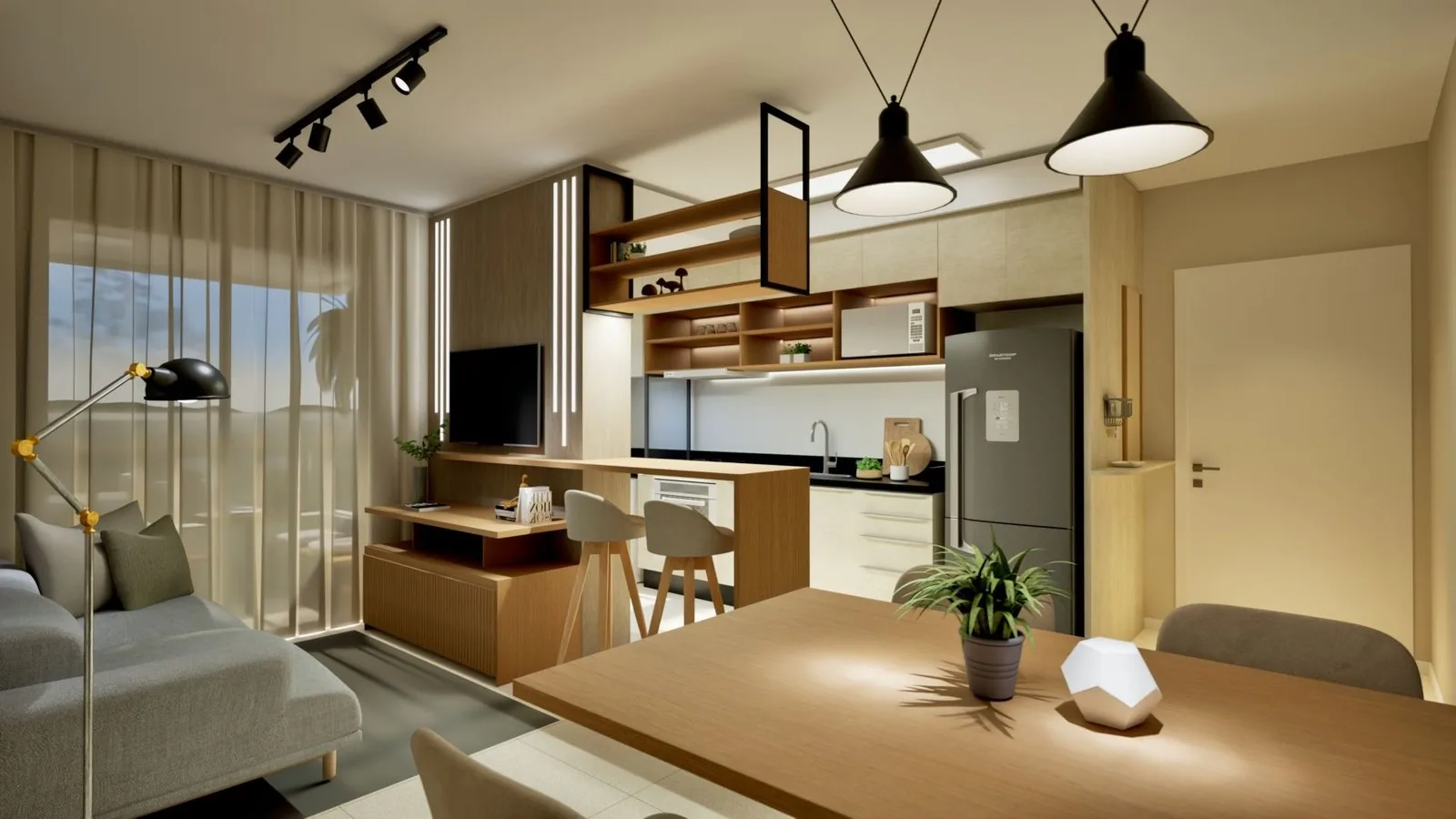 Sala e cozinha integradas de um apartamento do Enjoy, com bancada de madeira e pendentes pretos