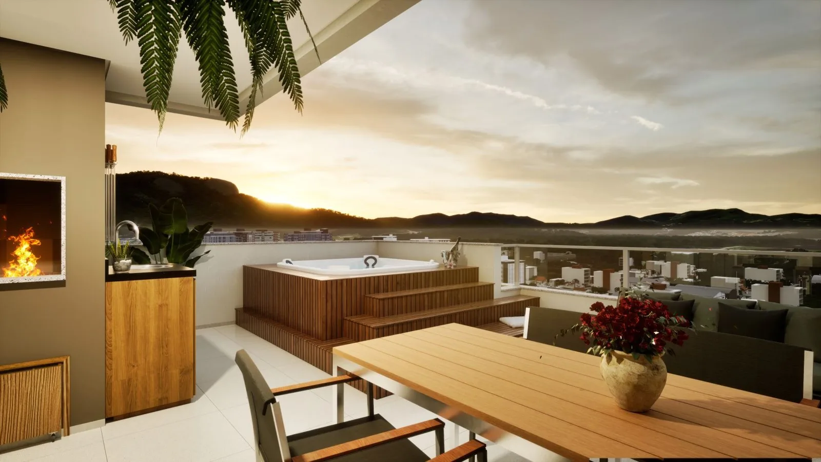 Terraço de uma unidade do Enjoy ao entardecer, com mesa de madeira, churrasqueira e hidromassagem