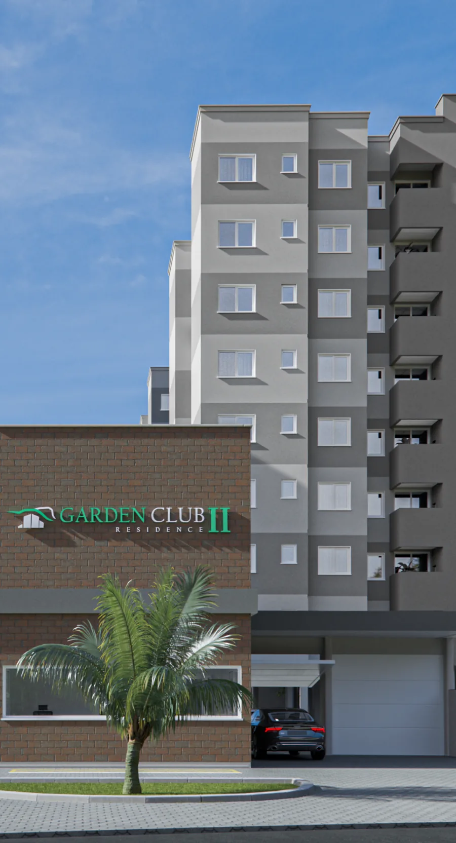 Portaria do Garden Club Residence II, com fachada de tijolo, letreiro verde e um dos blocos ao fundo
