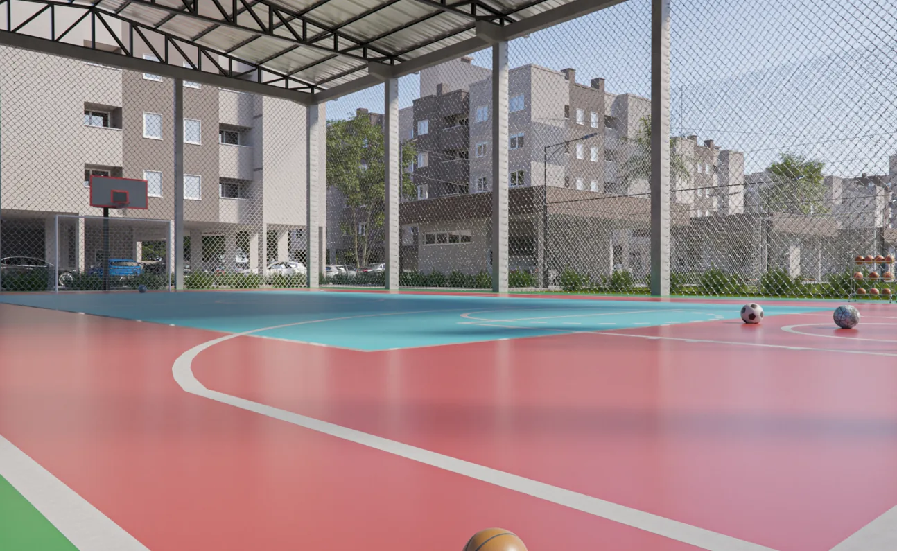 Quadra poliesportiva coberta do Garden Club Residence II, com piso vermelho e azul e os blocos ao fundo