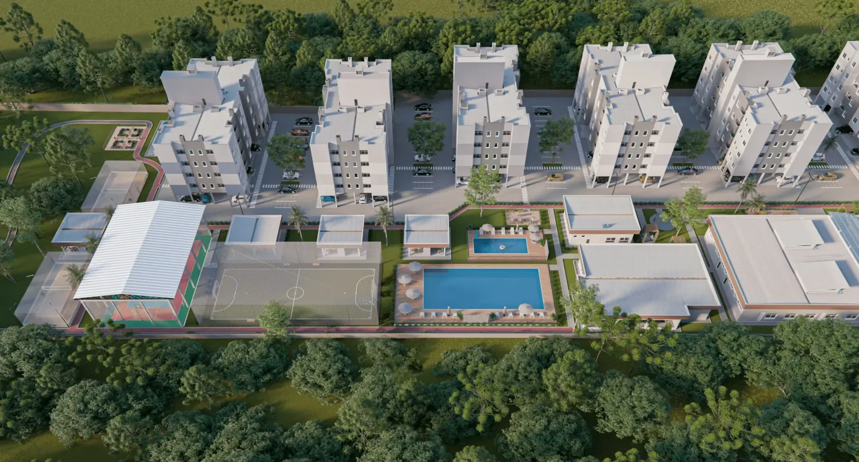 Vista aérea do Garden Club Residence II, com os blocos, as piscinas, as quadras e o salão de festas cercados de mata