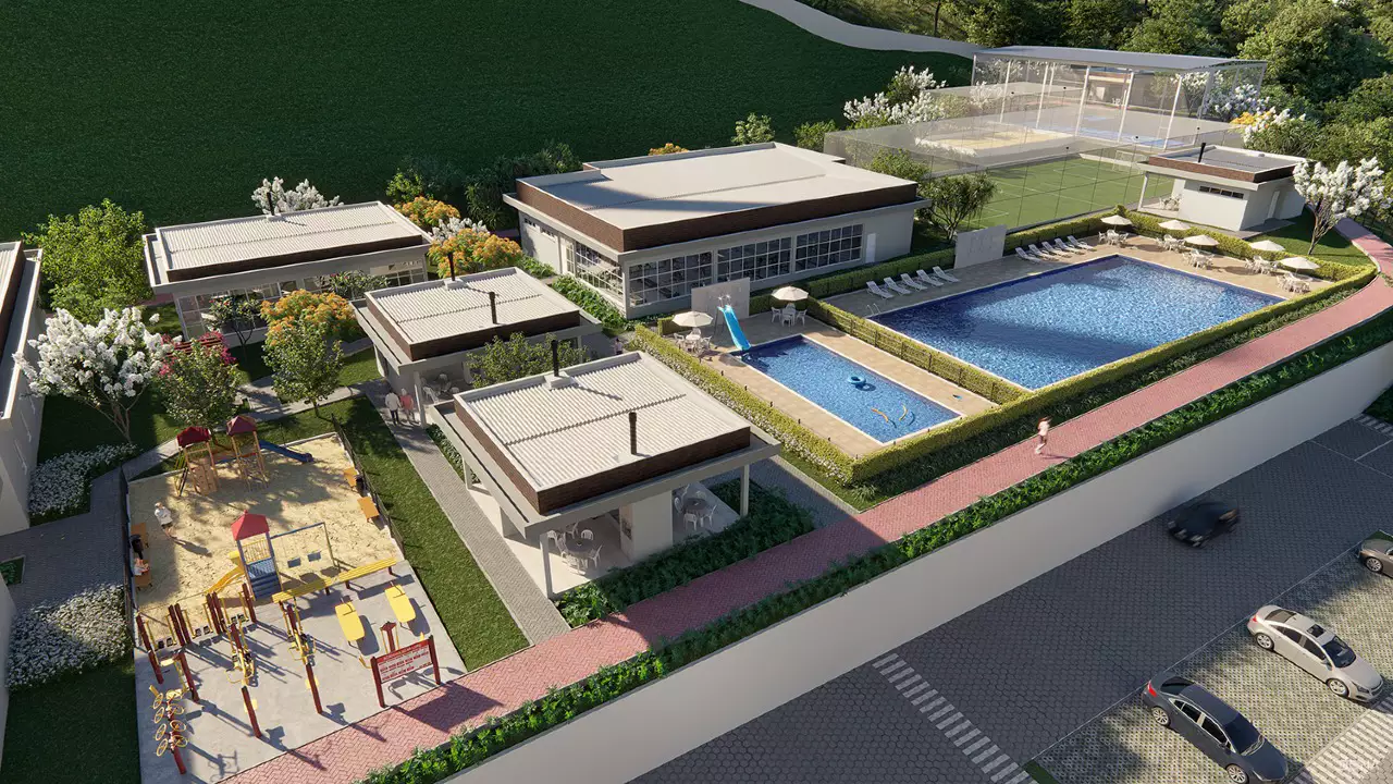 Vista aérea do lazer do Garden Club Residence, com piscina adulto, piscina infantil com escorregador, quiosques, playground, academia ao ar livre e quadras cobertas
