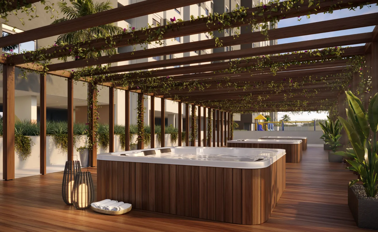 Spas privativos do Grand Life Residence sob pergolado de madeira com trepadeiras