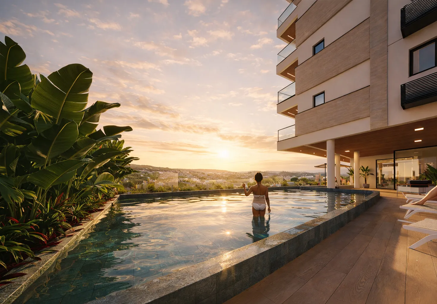 Área de lazer com piscina do Kairós Residence