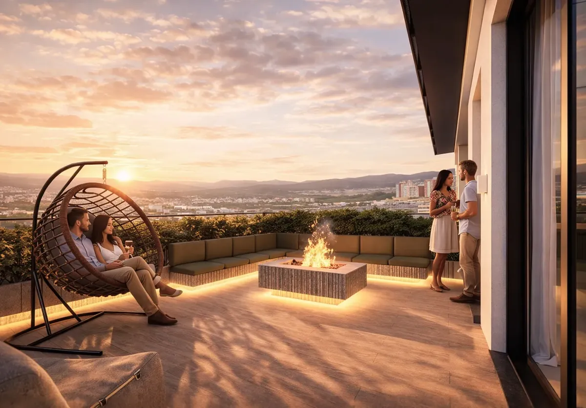 Praça de fogo do Kairós Residence ao pôr do sol, com lareira externa, poltrona suspensa e vista para os morros