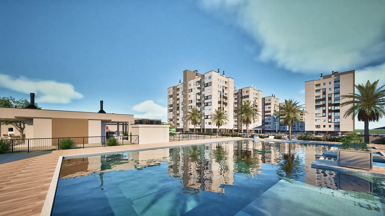 Piscina do Garden Club Residence II com os prédios refletidos na água