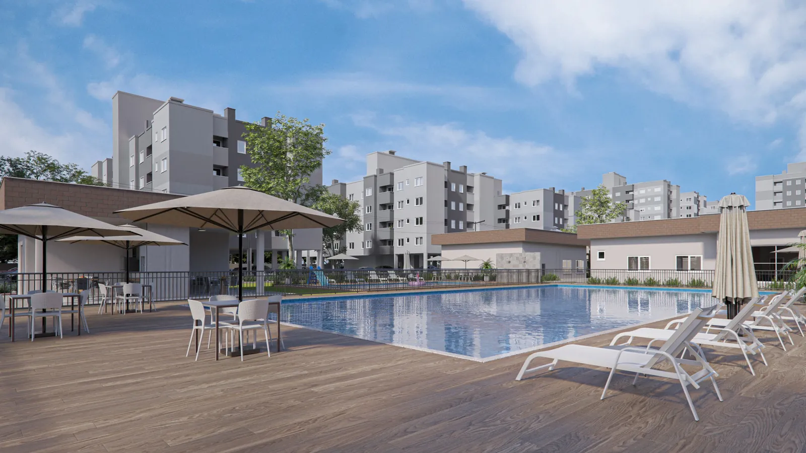 Piscina com deck e guarda-sóis do Garden Home Resort, referência do padrão de lazer da ALZ