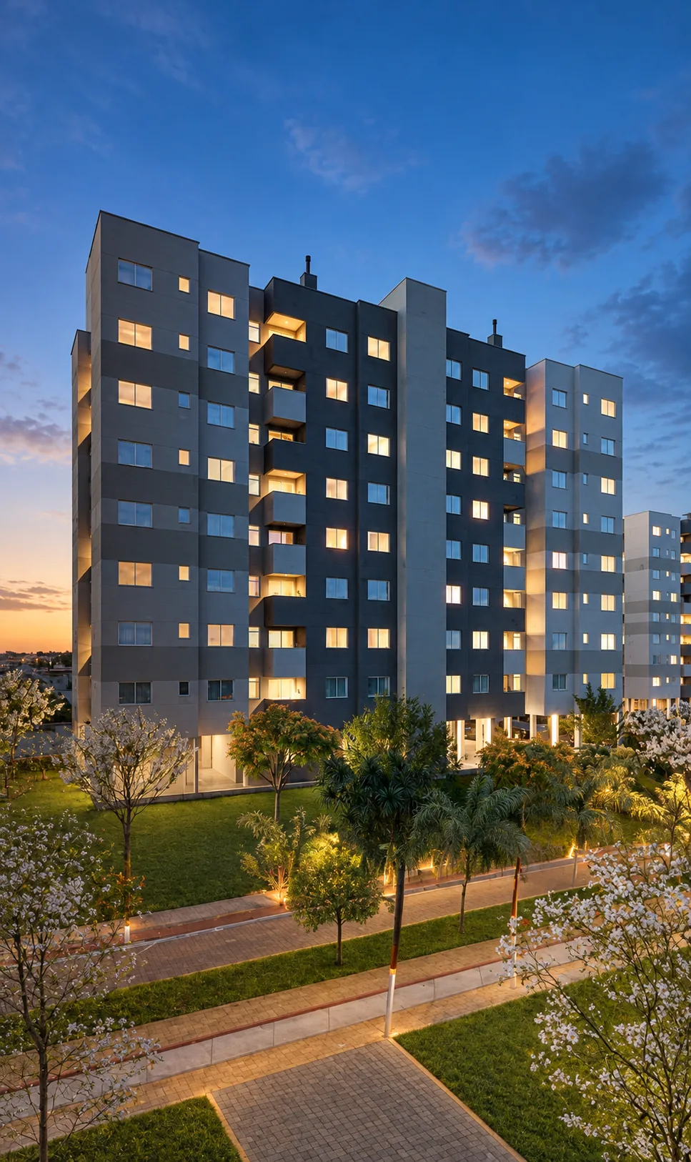 Fachada de prédio residencial ao entardecer, com janelas iluminadas e jardim com ipês floridos