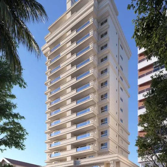 L'Essence Residence, da Koski, torre em tons de creme com embasamento em arcos