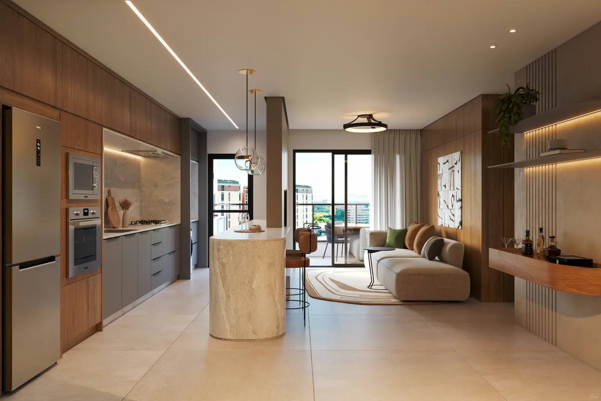 Living integrado à cozinha de um apartamento do New York Residence, com ilha em mármore e saída para a sacada