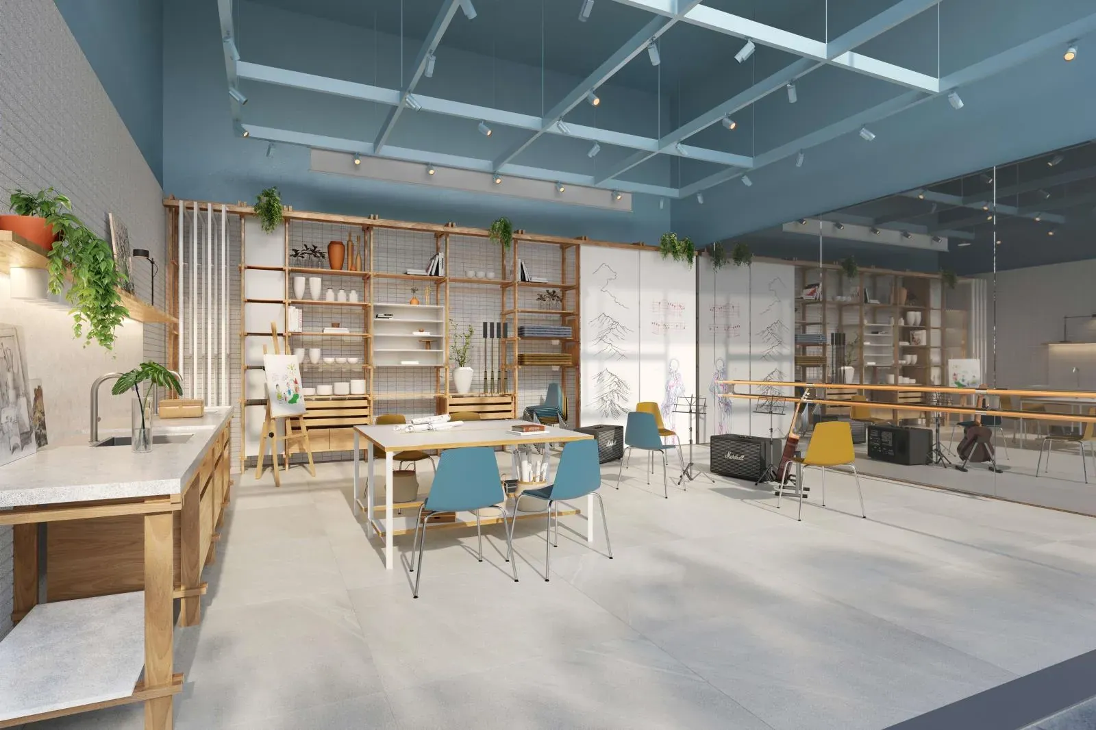 Ateliê do Pátio das Artes com teto de vidro, bancadas e estantes de materiais