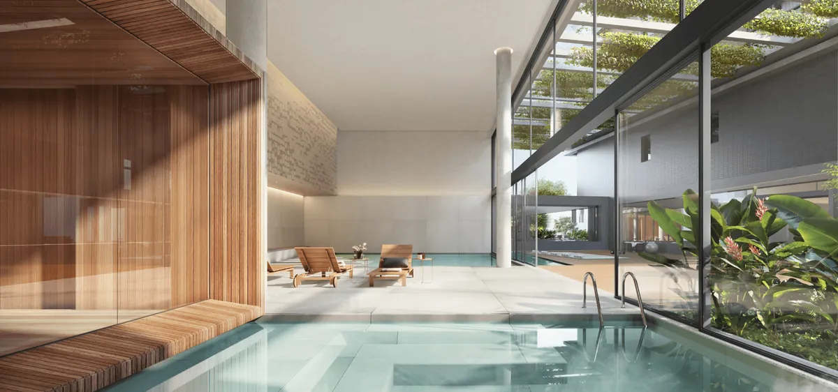 Spa do Pátio das Artes com piscina aquecida coberta, deck de madeira e parede de vidro para o jardim