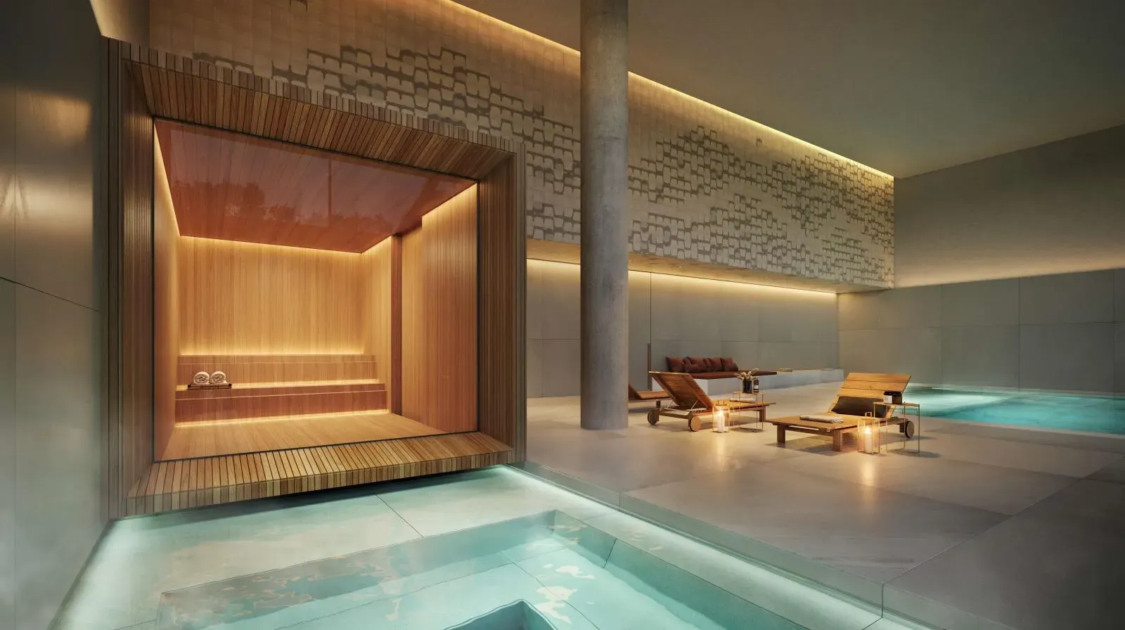 Sauna revestida de madeira ao lado da piscina aquecida do spa do Pátio das Artes