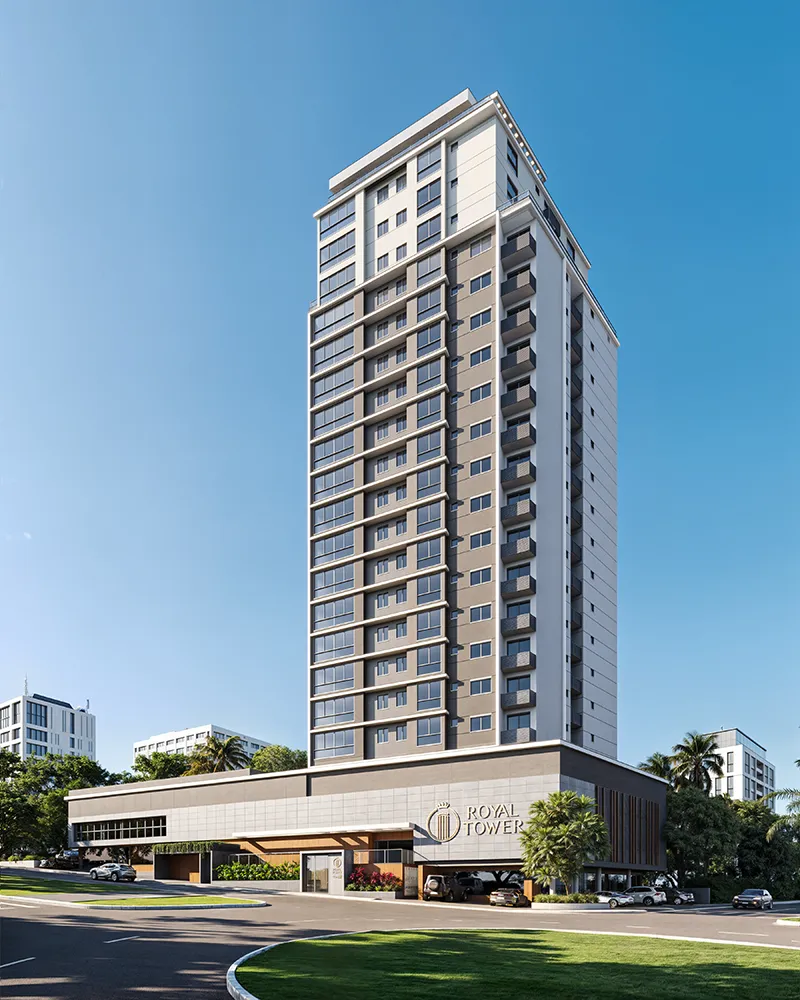 Fachada diurna do Royal Tower, torre residencial de apartamentos de 2 dormitórios no bairro Pagani, Palhoça/SC