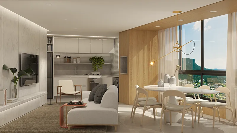 Sala de estar e jantar integradas à cozinha em apartamento do Royal Tower, com janela panorâmica e vista para o morro