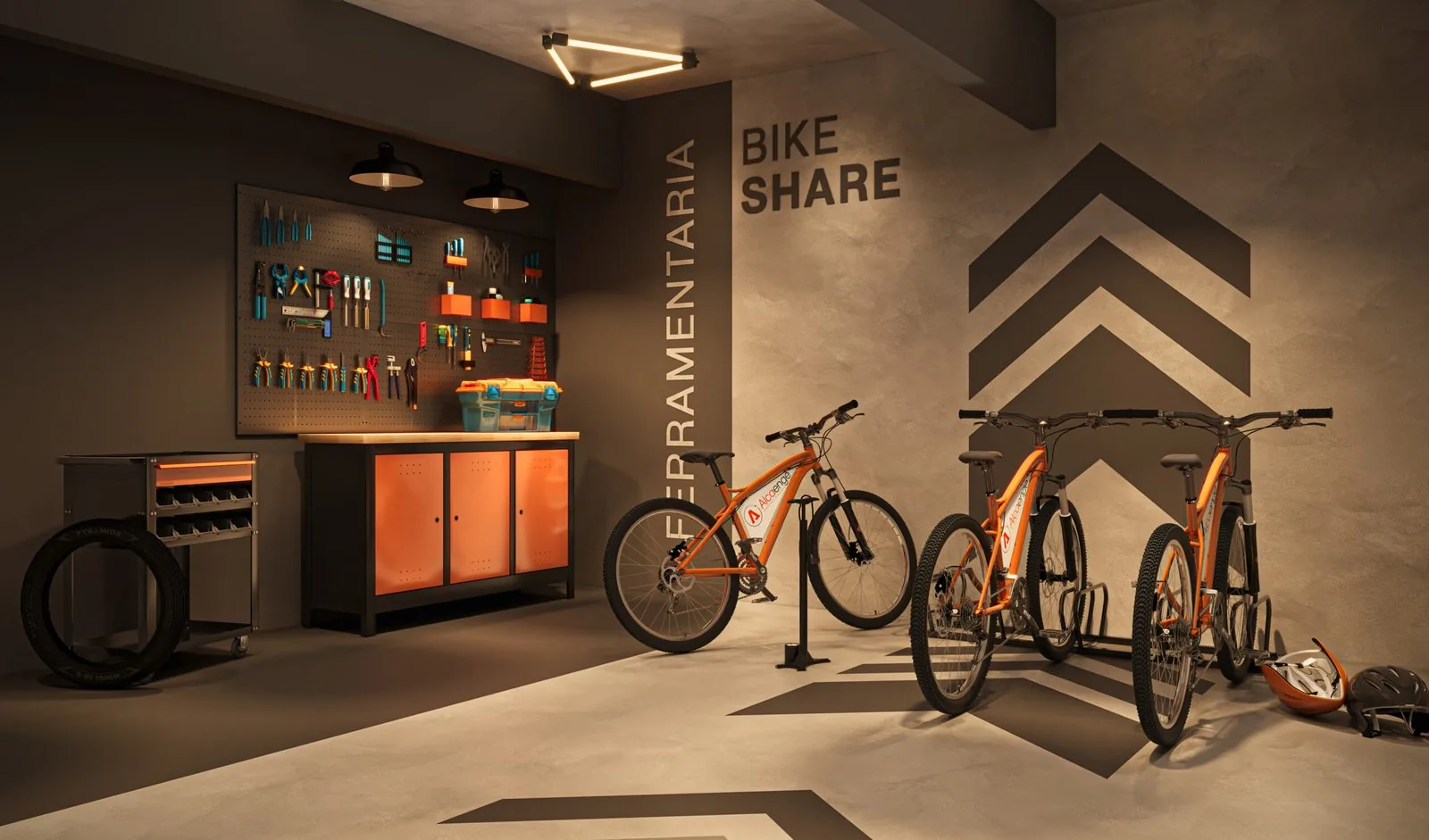 Bike Share e ferramentaria do Self Residence, com bicicletas laranja e painel de ferramentas
