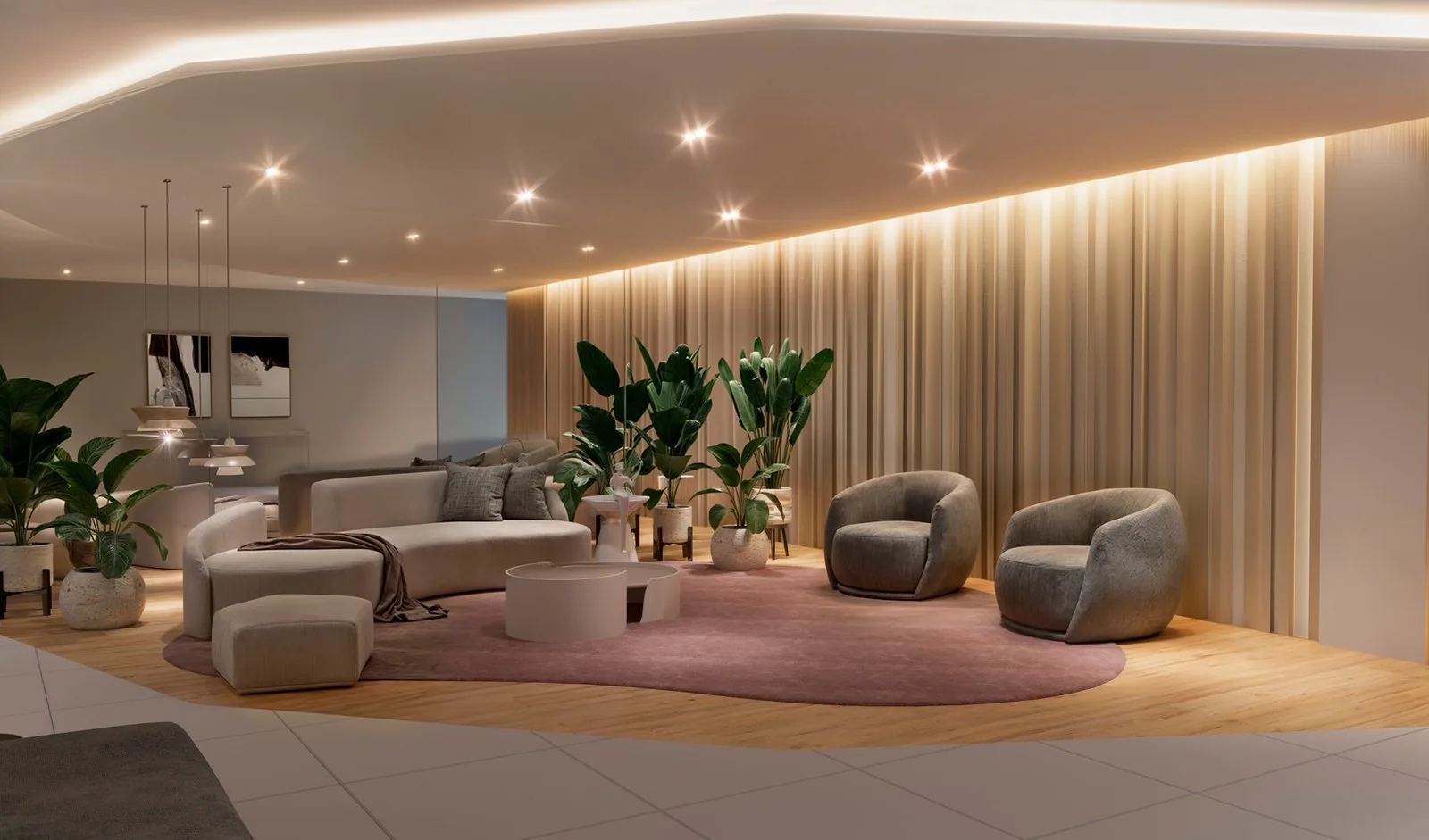 Hall de entrada do Self Residence, com sofás, poltronas, plantas e parede ripada iluminada