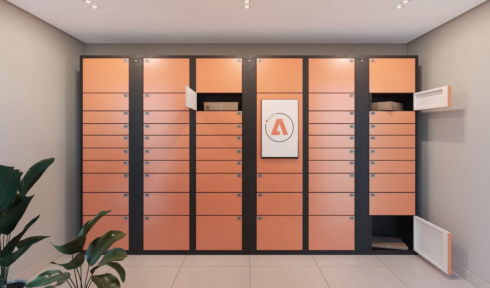 Lockers para encomendas do Self Residence, com portas laranja