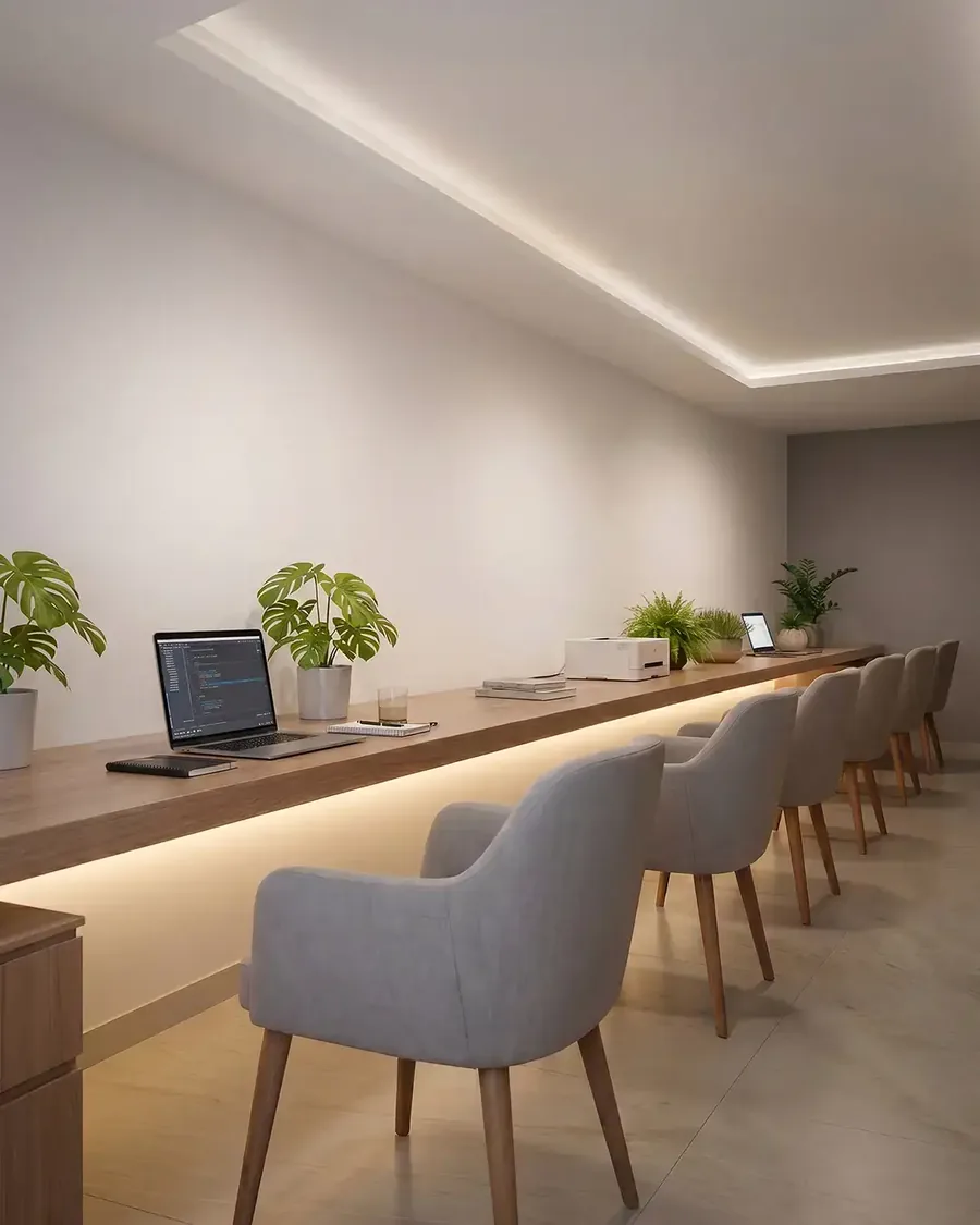 Coworking do Sinai Residence, com bancada iluminada, notebook e cadeiras estofadas