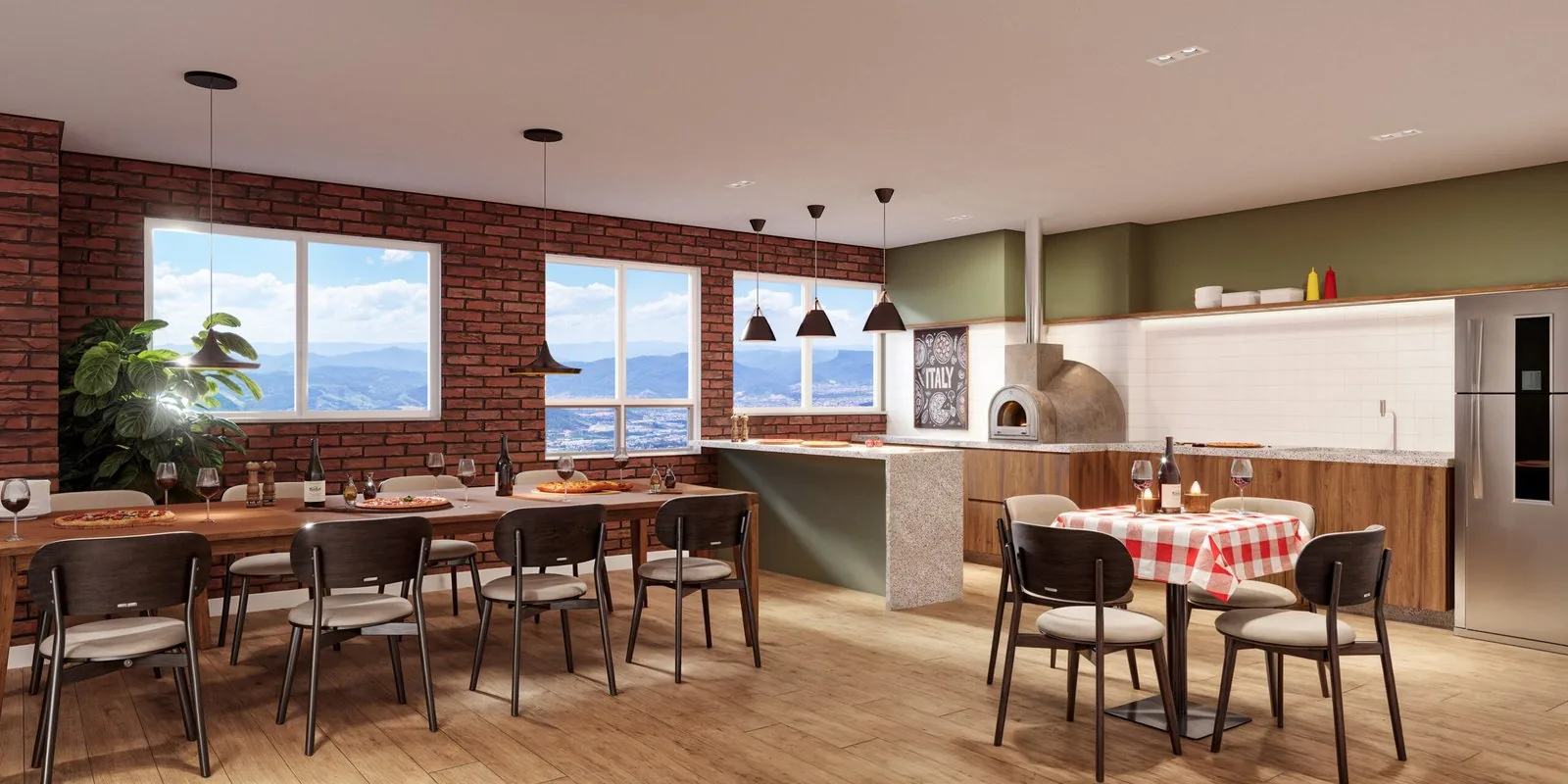 Espaço Pizzaiolo do View Residence, com forno de pizza, parede de tijolos e janelas abertas para a vista