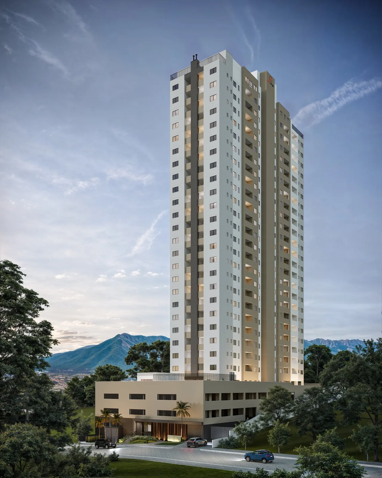 Torre única do View Residence, alta e clara, ao entardecer, com o Cambirela ao fundo e o embasamento de garagens cercado de verde