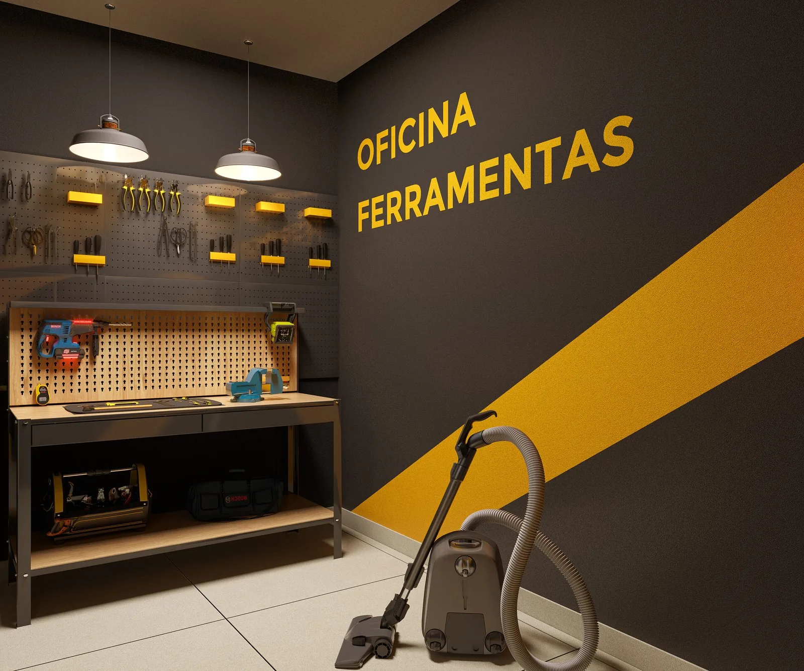 Ferramentaria do View Residence, com bancada, painel de ferramentas e o letreiro Oficina Ferramentas