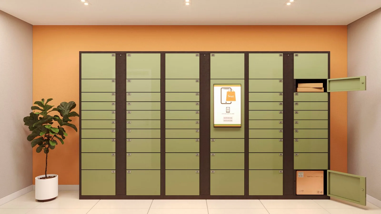 Locker para encomendas do View Residence, com portas verdes e tela de controle